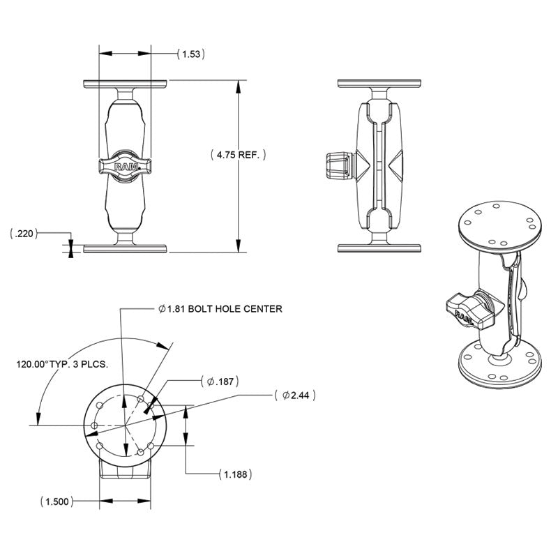 RAM 1" Ball Mount Set (2x Base & Ball + RAM Arm)