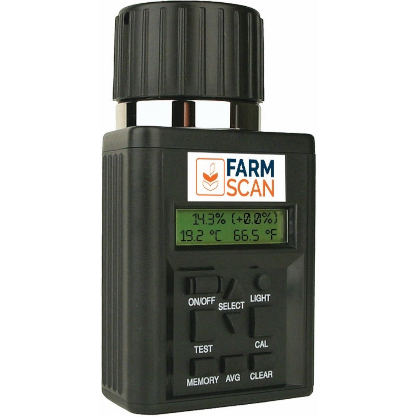 Farmscan Pty Ltd digital grain moisture meter with backlit LCD display and control buttons for agricultural testing