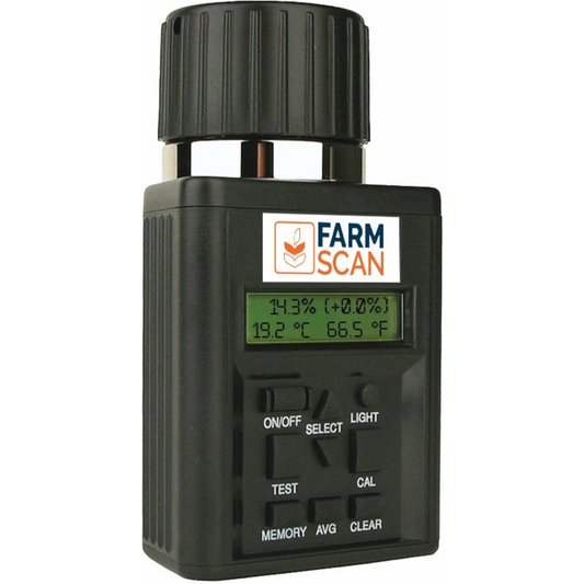 Farmscan Pty Ltd digital grain moisture meter with backlit LCD display and control buttons for agricultural testing